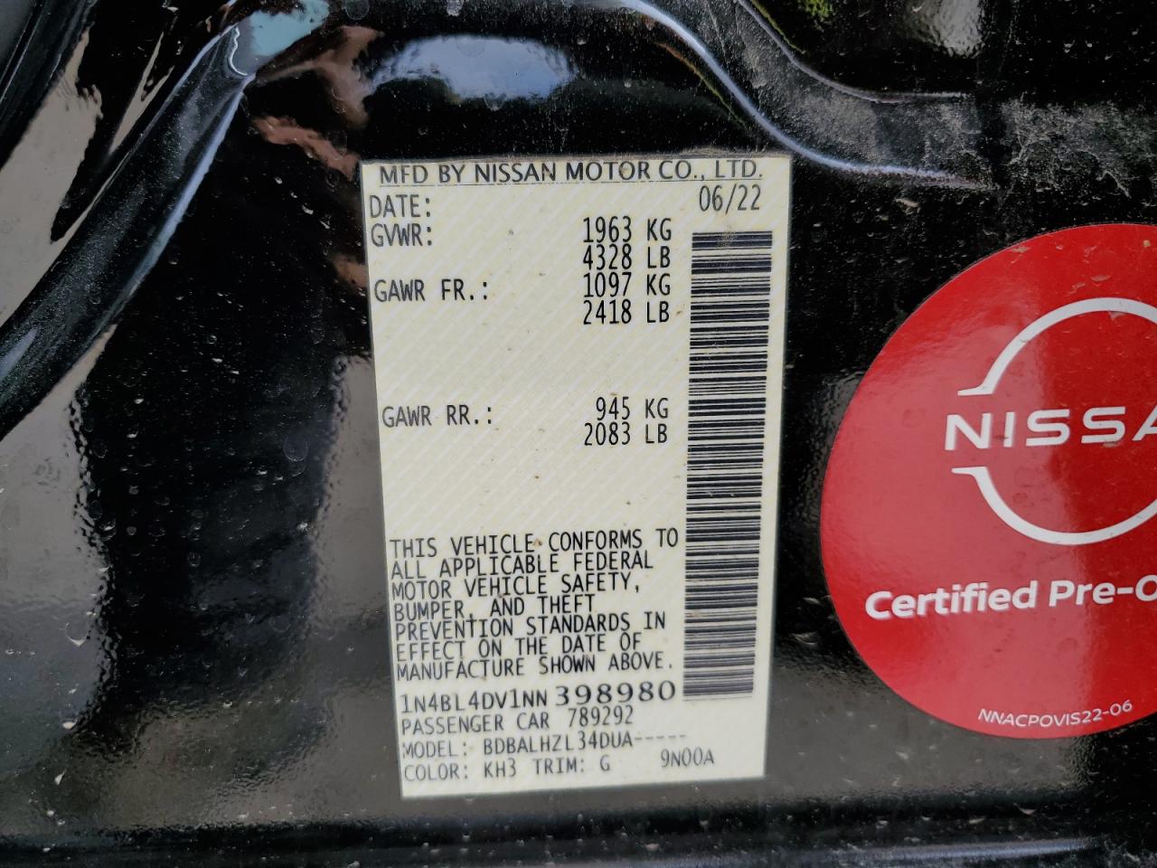 2022 NISSAN ALTIMA SV VIN:1N4BL4DV1NN398980