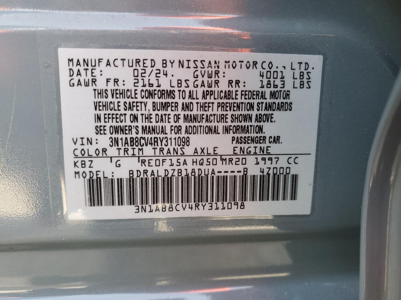 2024 NISSAN SENTRA SV VIN:3N1AB8CV4RY311098