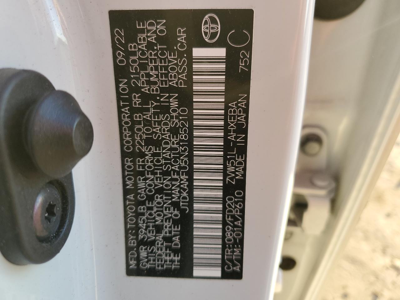 2022 TOYOTA PRIUS NIGHT SHADE VIN:JTDKAMFU5N3185210