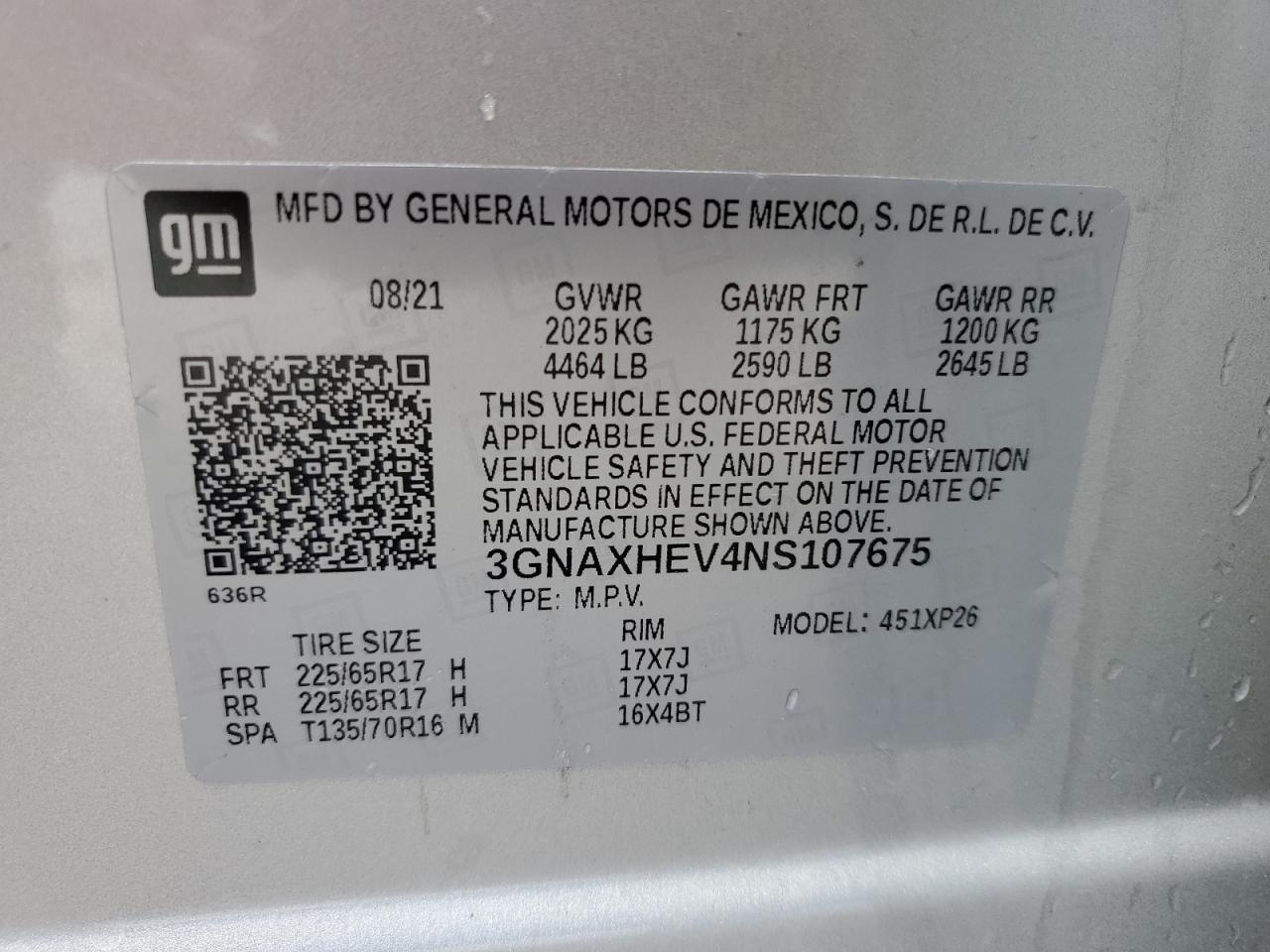 2022 CHEVROLET EQUINOX LS VIN:3GNAXHEV4NS107675