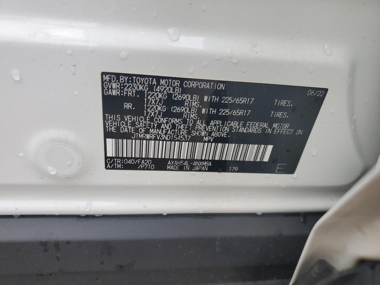 2022 TOYOTA RAV4 XLE VIN:JTMRWRFV3ND154537