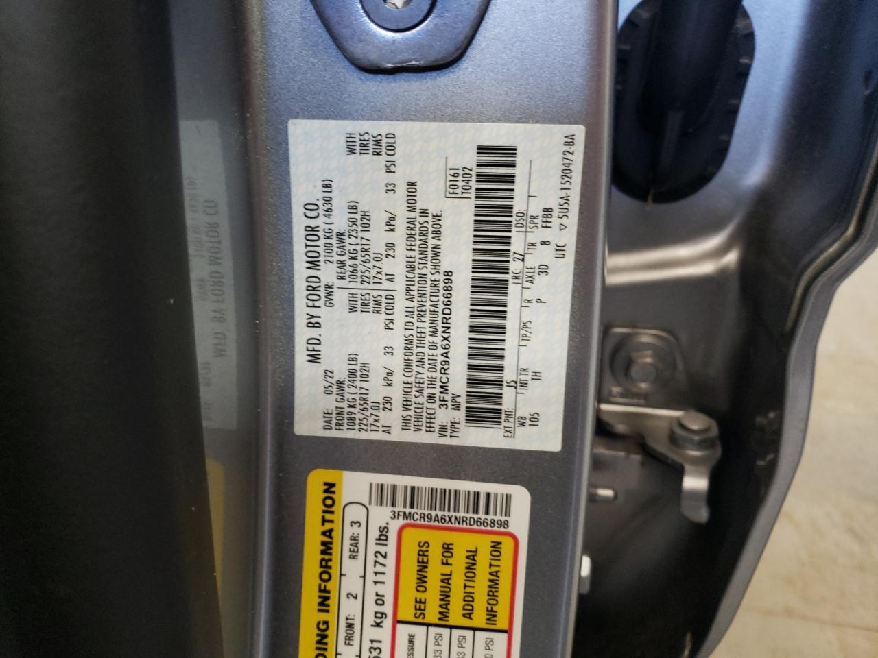 2022 FORD BRONCO SPORT  VIN:3FMCR9A6XNRD66898