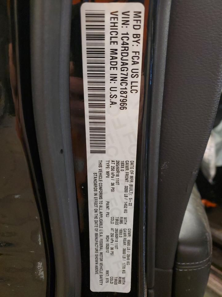 2022 DODGE DURANGO SXT VIN:1C4RDJAG7NC187966