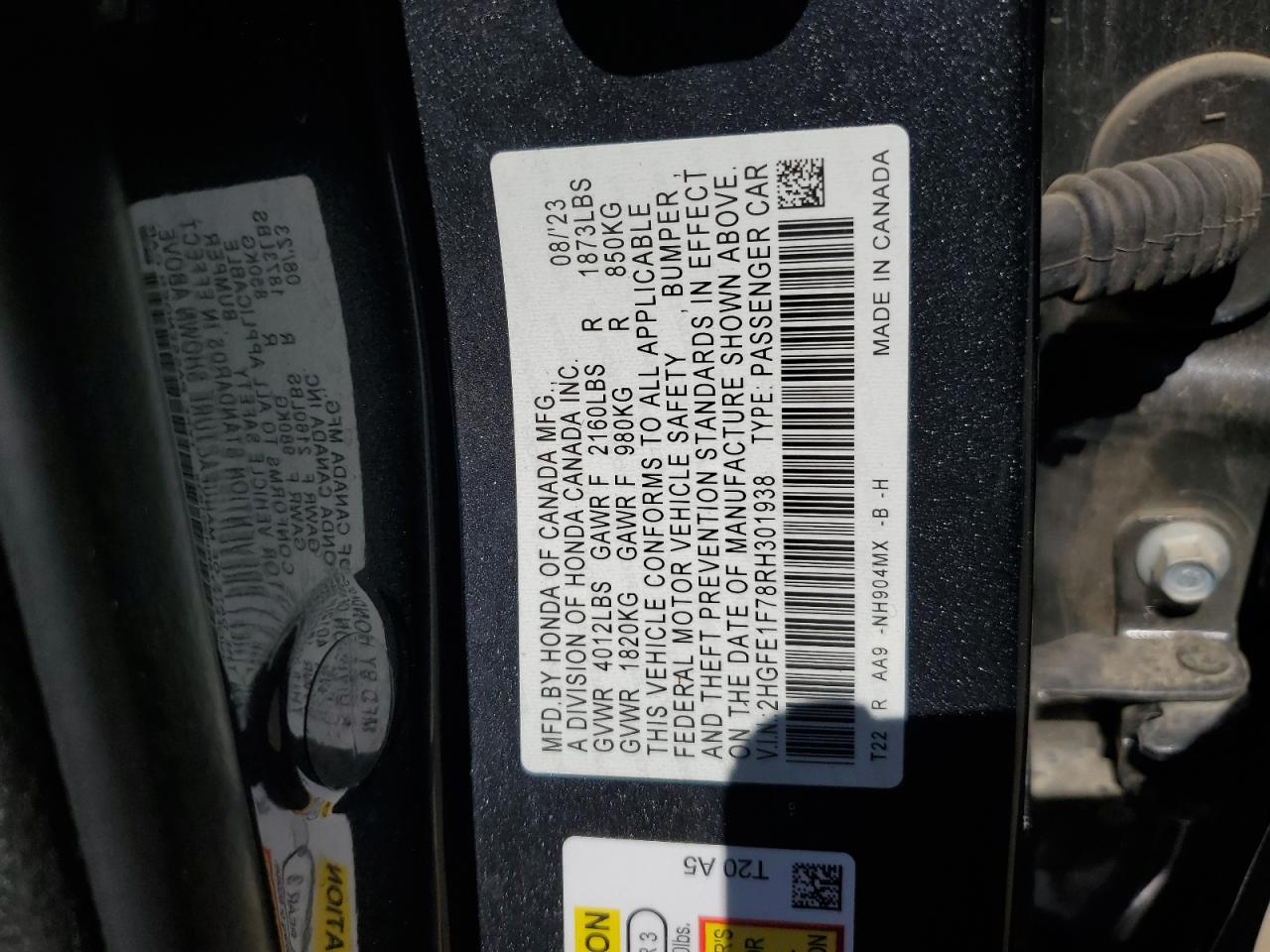 2024 HONDA CIVIC EX VIN:2HGFE1F78RH301938