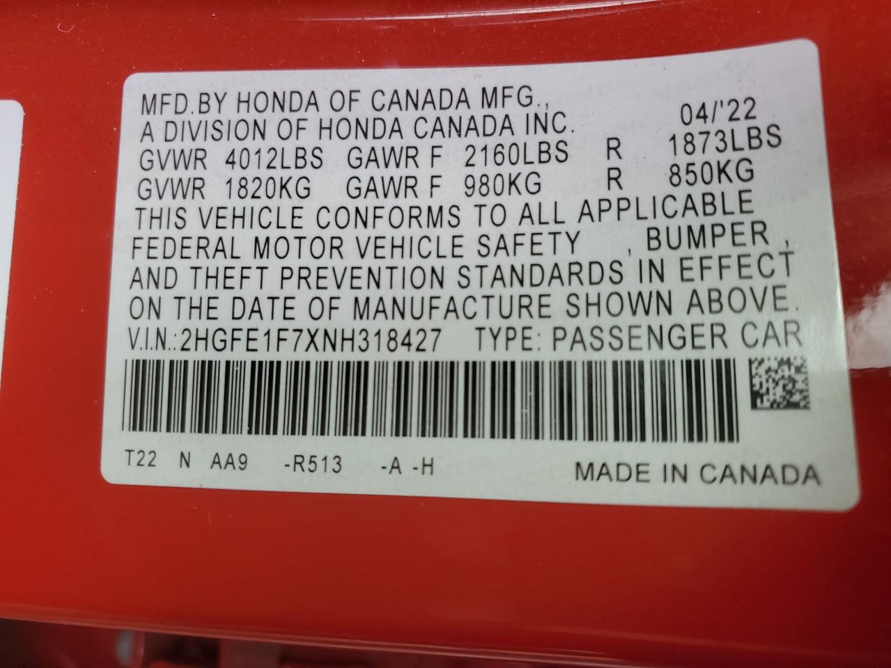 2022 HONDA CIVIC EX VIN:2HGFE1F7XNH318427