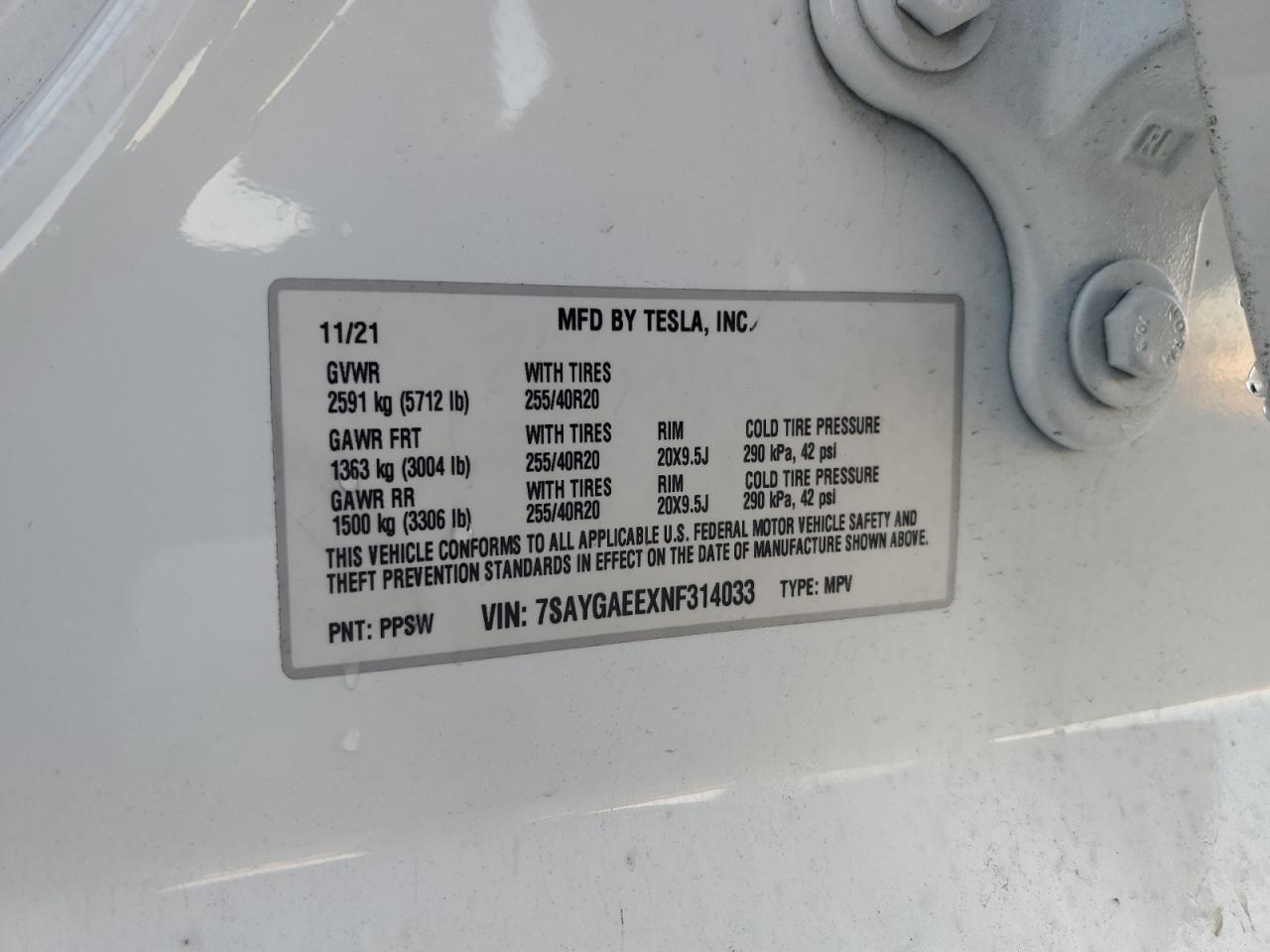 2022 TESLA MODEL Y  VIN:7SAYGAEEXNF314033
