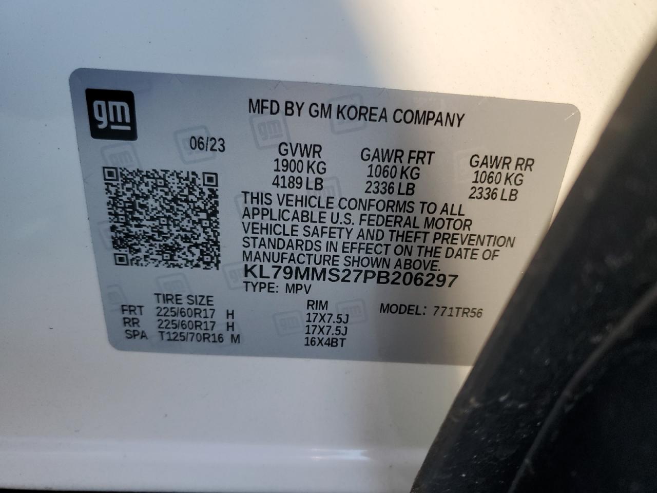 2023 CHEVROLET TRAILBLAZER LS VIN:KL79MMS27PB206297