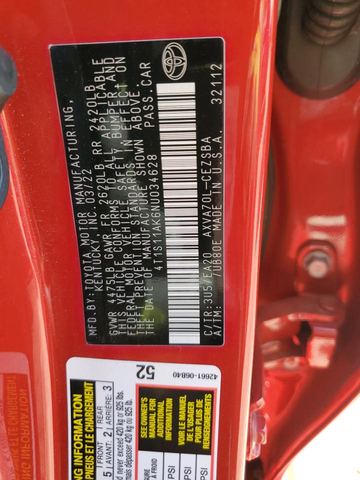 2022 TOYOTA CAMRY NIGHT SHADE VIN:4T1S11AK6NU034628