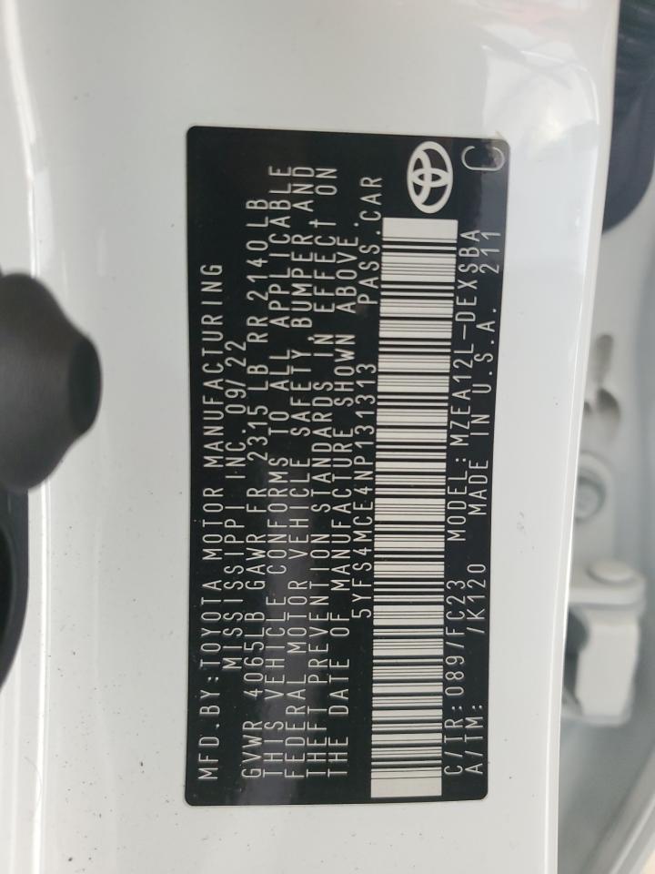 2022 TOYOTA COROLLA SE VIN:5YFS4MCE4NP131313