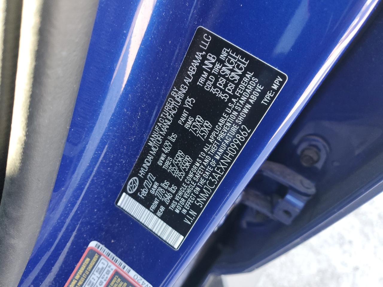 2022 HYUNDAI TUCSON SEL VIN:5NMJC3AEXNH099862