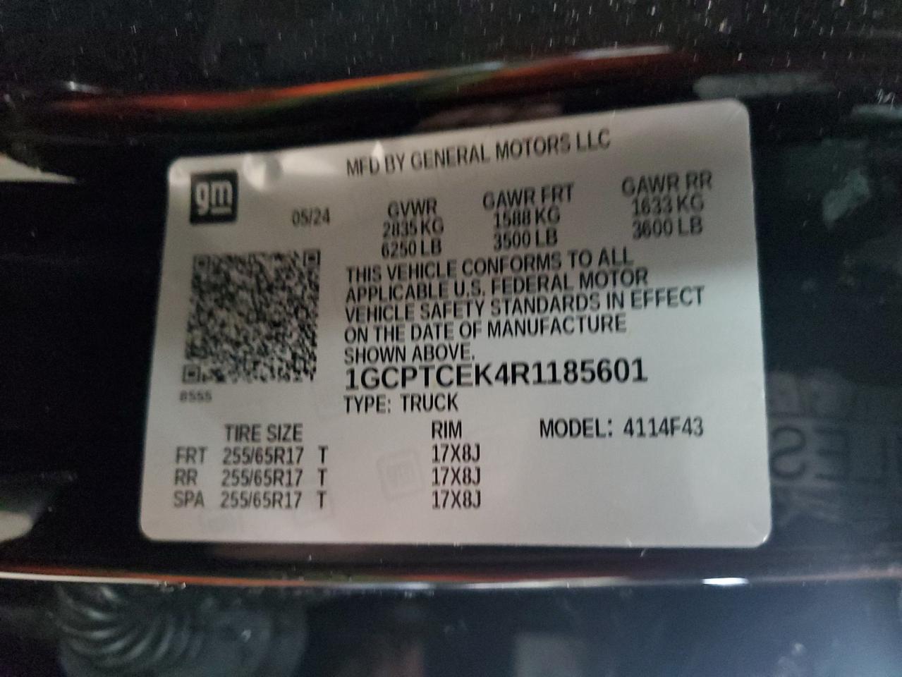 2024 CHEVROLET COLORADO LT VIN:1GCPTCEK4R1185601