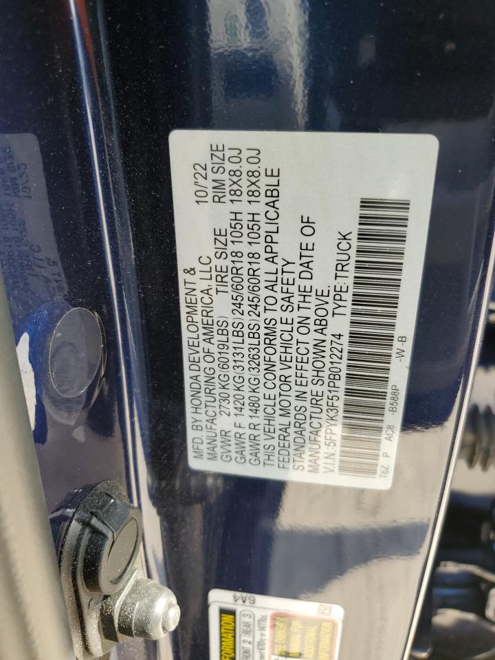 2023 HONDA RIDGELINE RTL VIN:5FPYK3F51PB012274