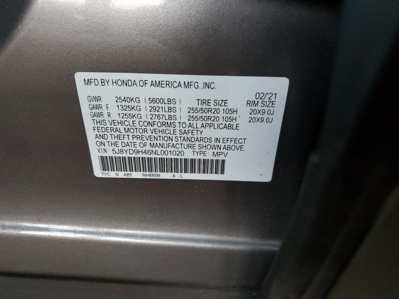 2022 ACURA MDX TECHNOLOGY VIN:5J8YD9H46NL001020