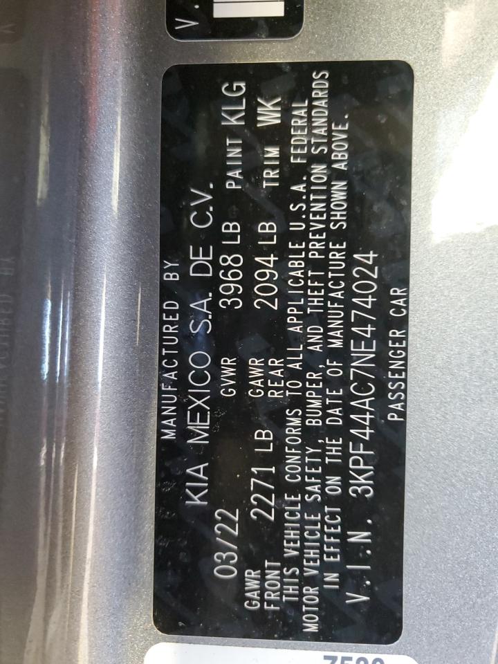 2022 KIA FORTE GT VIN:3KPF44AC7NE474024