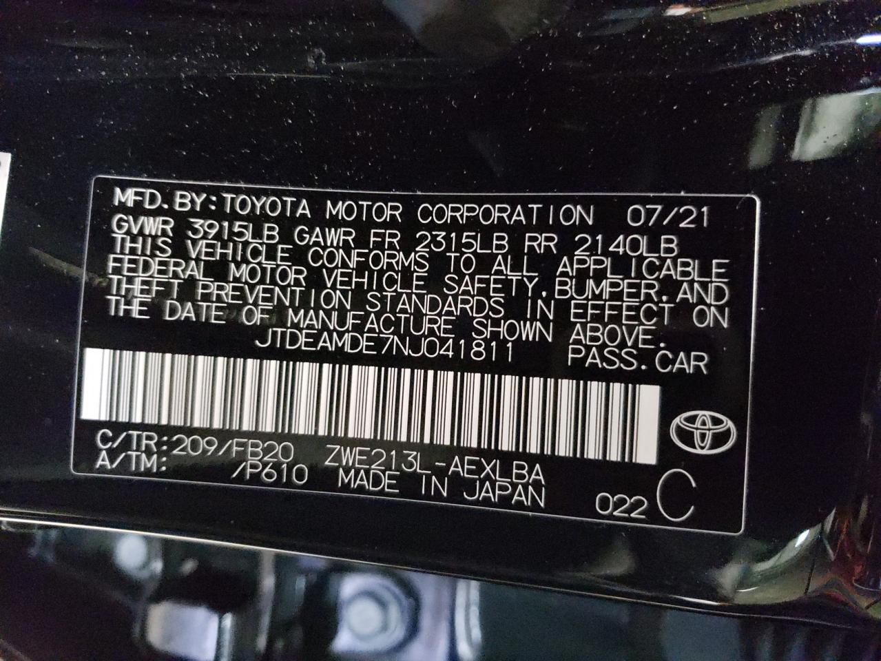 2022 TOYOTA COROLLA LE VIN:JTDEAMDE7NJ041811