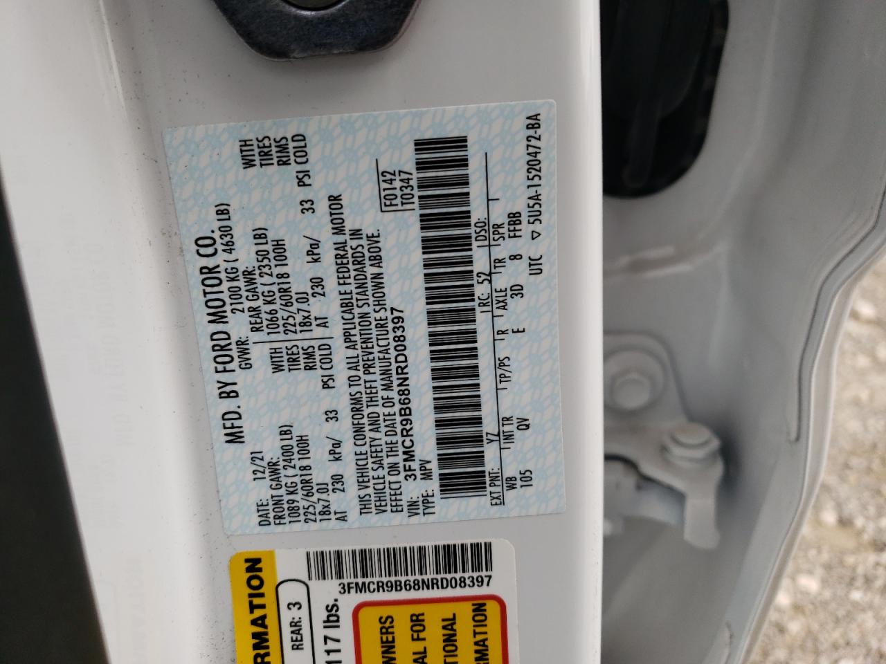 2022 FORD BRONCO SPORT BIG BEND VIN:3FMCR9B68NRD08397