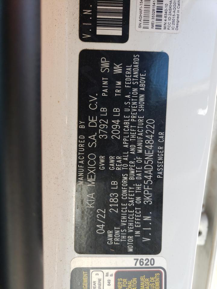 2022 KIA FORTE GT LINE VIN:3KPF54AD5NE484220