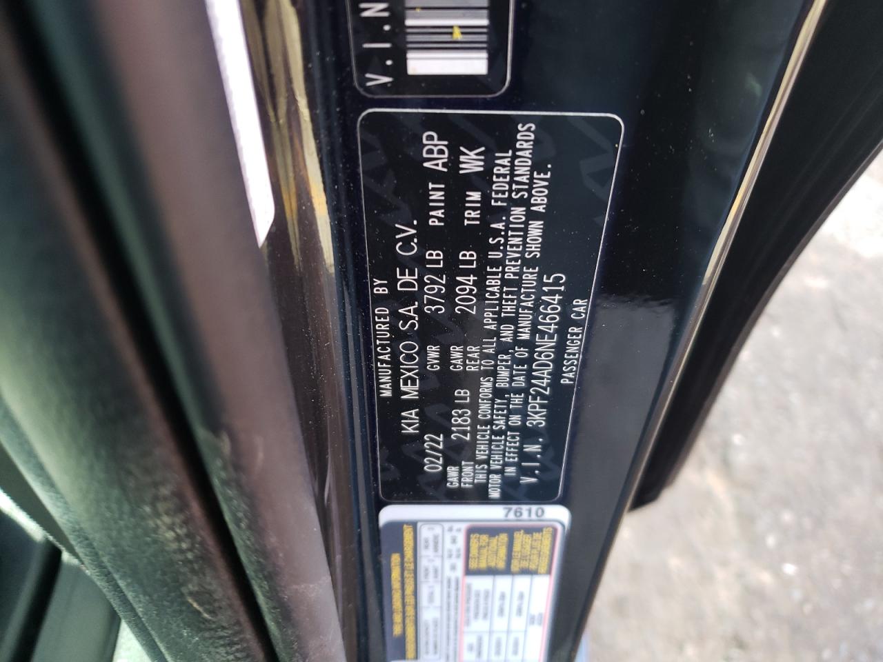 2022 KIA FORTE FE VIN:3KPF24AD6NE466415