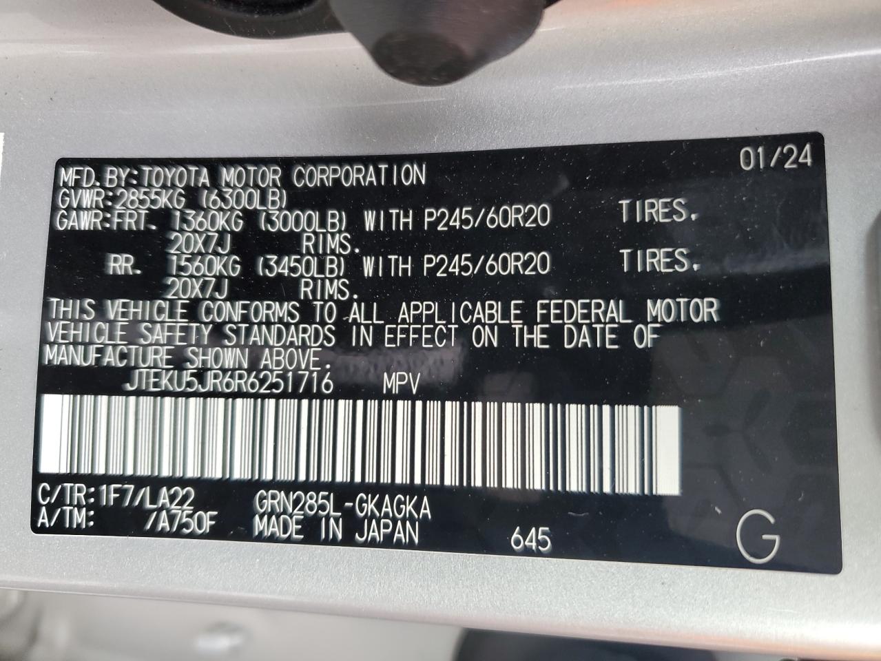 2024 TOYOTA 4RUNNER LIMITED VIN:JTEKU5JR6R6251716
