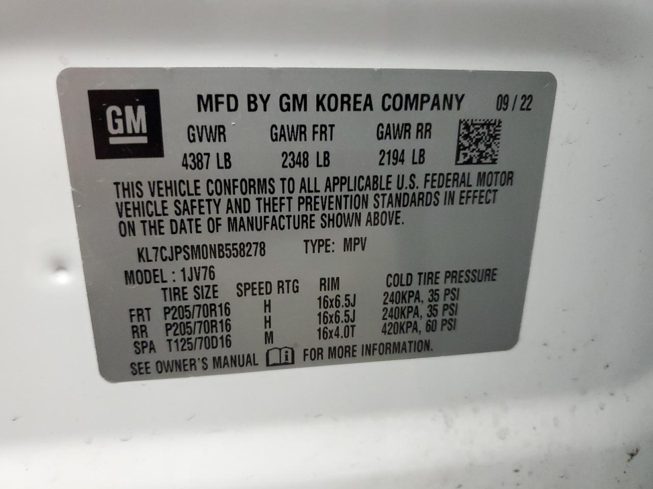 2022 CHEVROLET TRAX 1LT VIN:KL7CJPSM0NB558278