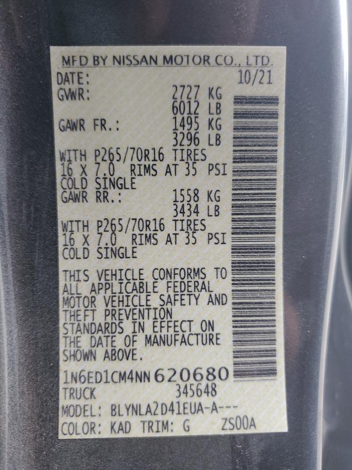 2022 NISSAN FRONTIER S VIN:1N6ED1CM4NN620680