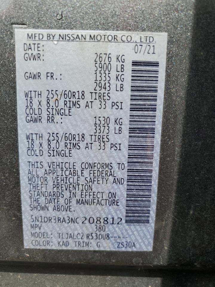 2022 NISSAN PATHFINDER SV VIN:5N1DR3BA3NC208812