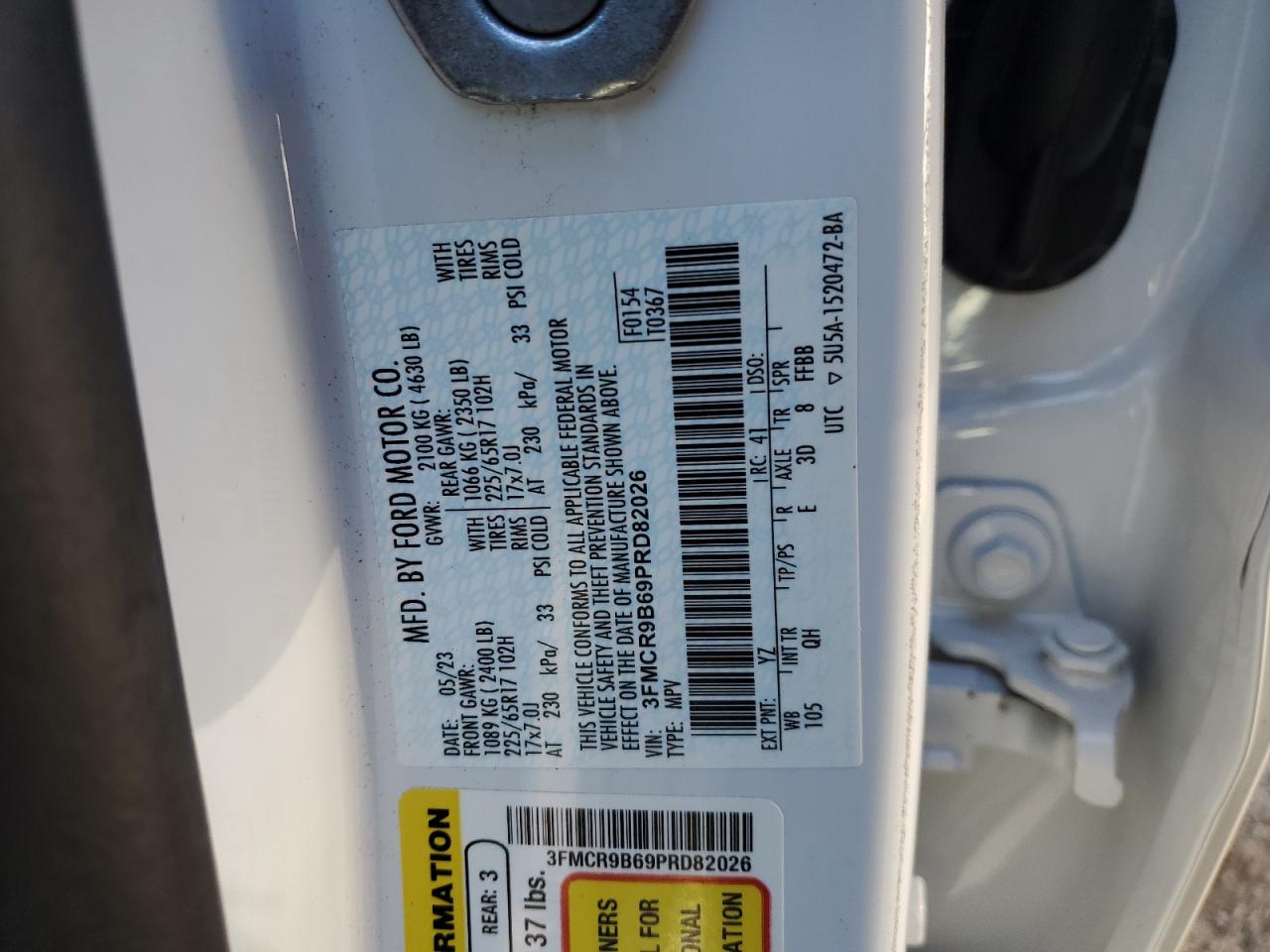 2023 FORD BRONCO SPORT BIG BEND VIN:3FMCR9B69PRD82026