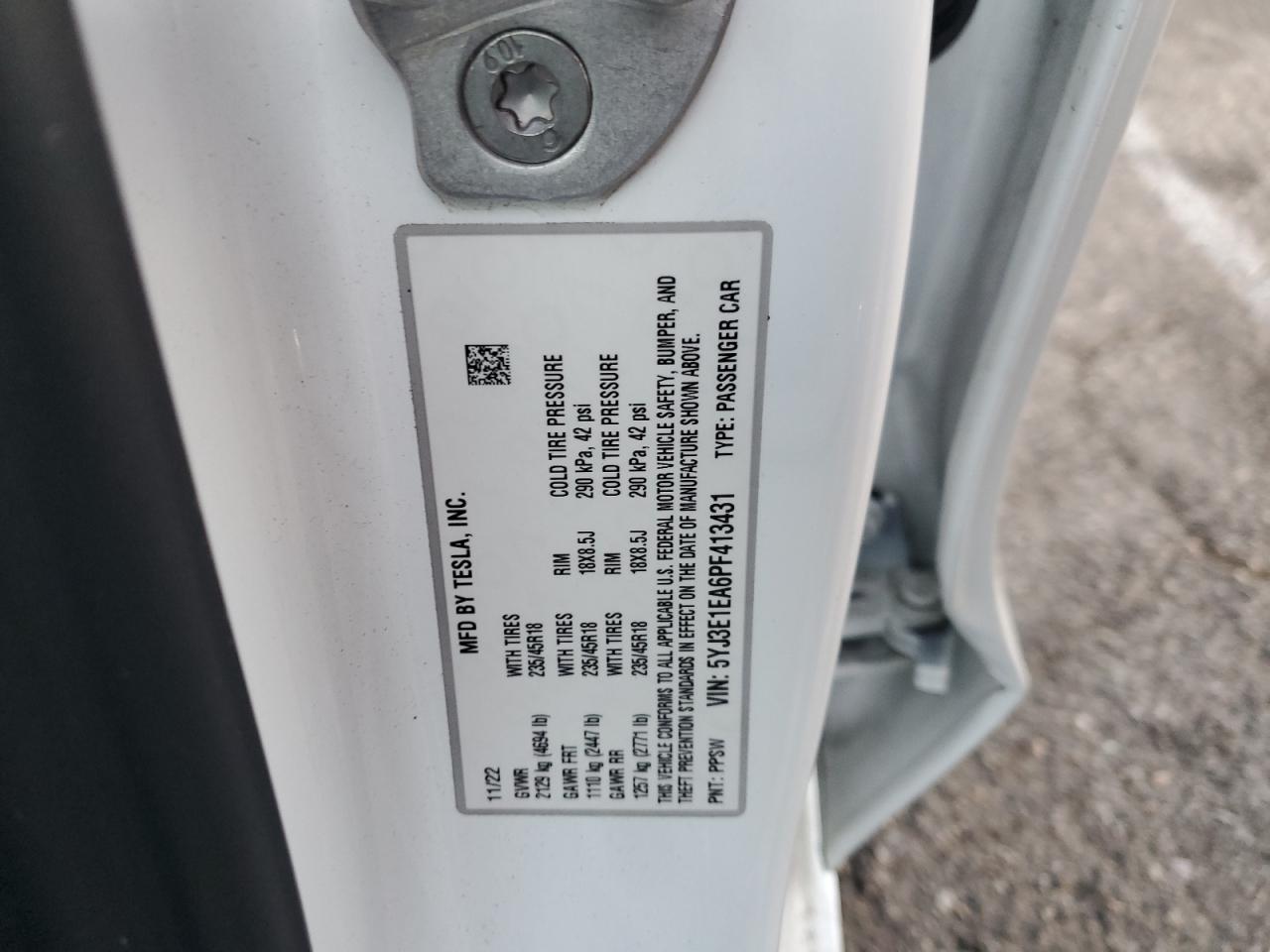 2023 TESLA MODEL 3  VIN:5YJ3E1EA6PF413431