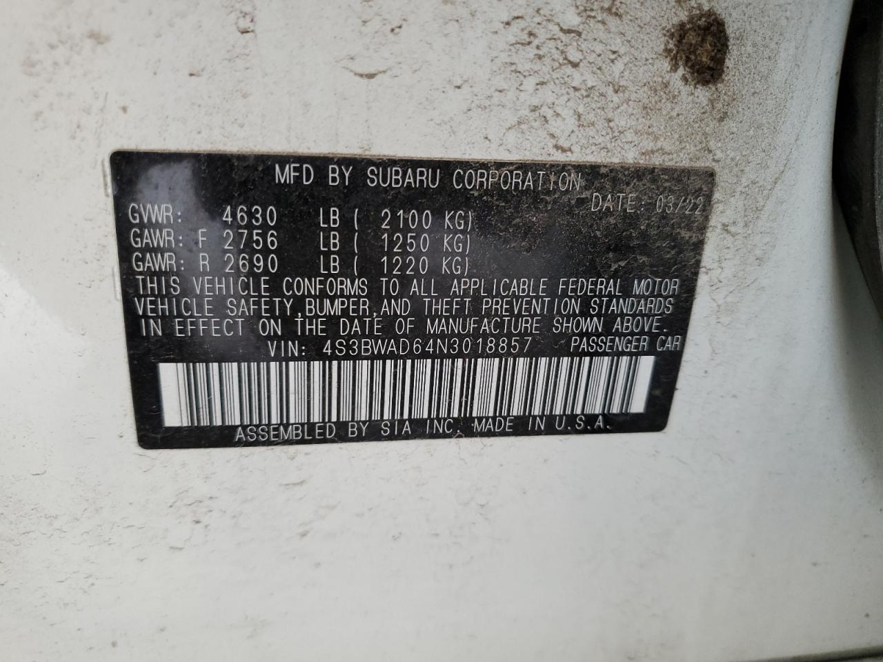 2022 SUBARU LEGACY PREMIUM VIN:4S3BWAD64N3018857