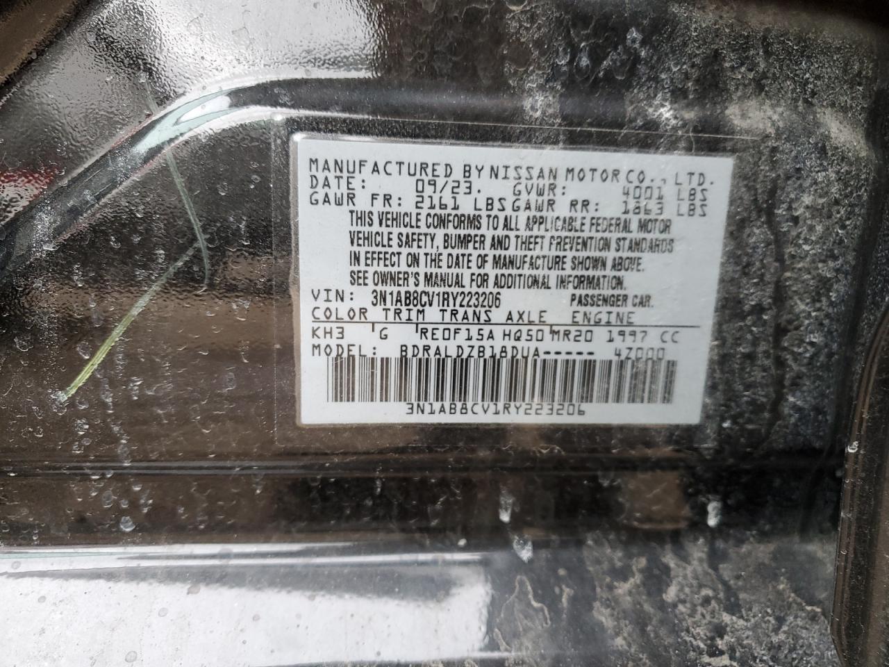 2024 NISSAN SENTRA SV VIN:3N1AB8CV1RY223206