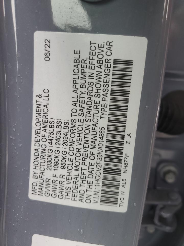 2022 HONDA ACCORD SPORT VIN:1HGCV2F39NA014865
