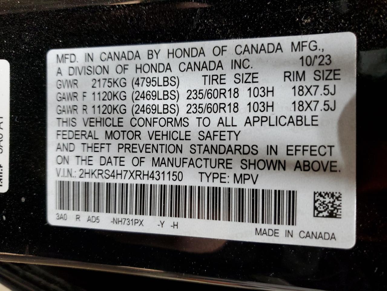 2024 HONDA CR-V EXL VIN:2HKRS4H7XRH431150