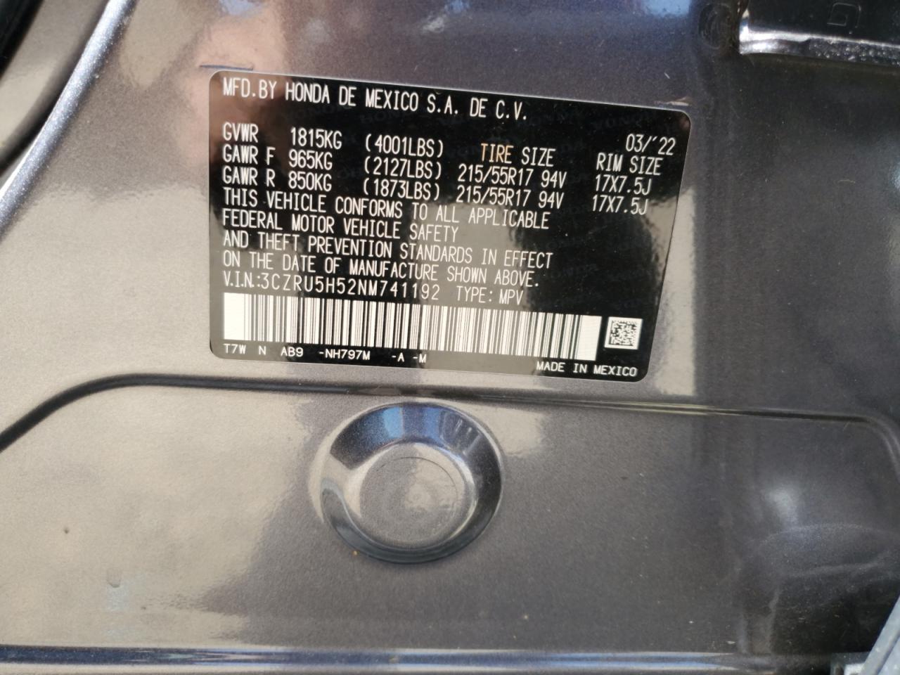 2022 HONDA HR-V EX VIN:3CZRU5H52NM741192