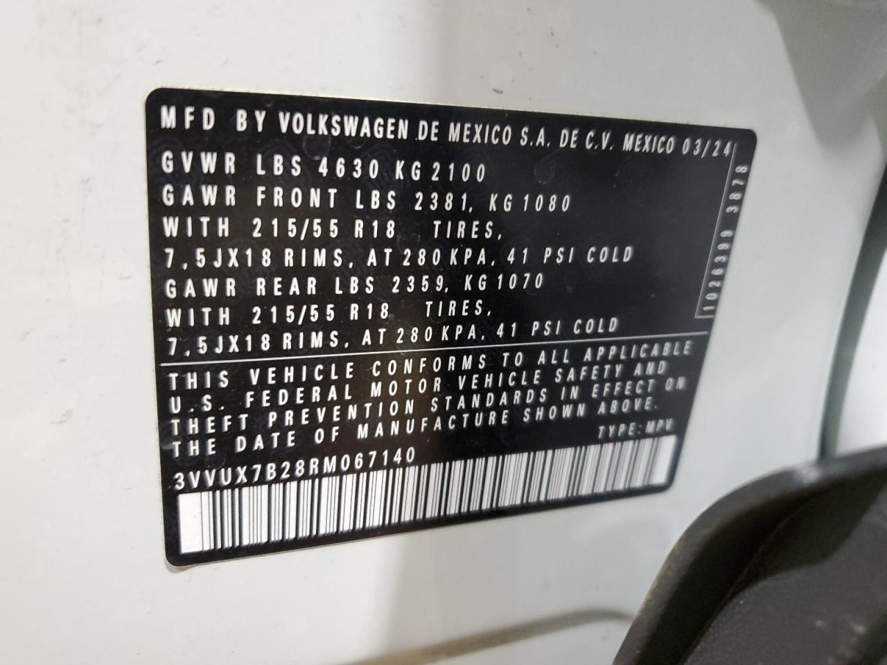 2024 VOLKSWAGEN TAOS SE VIN:3VVUX7B28RM067140