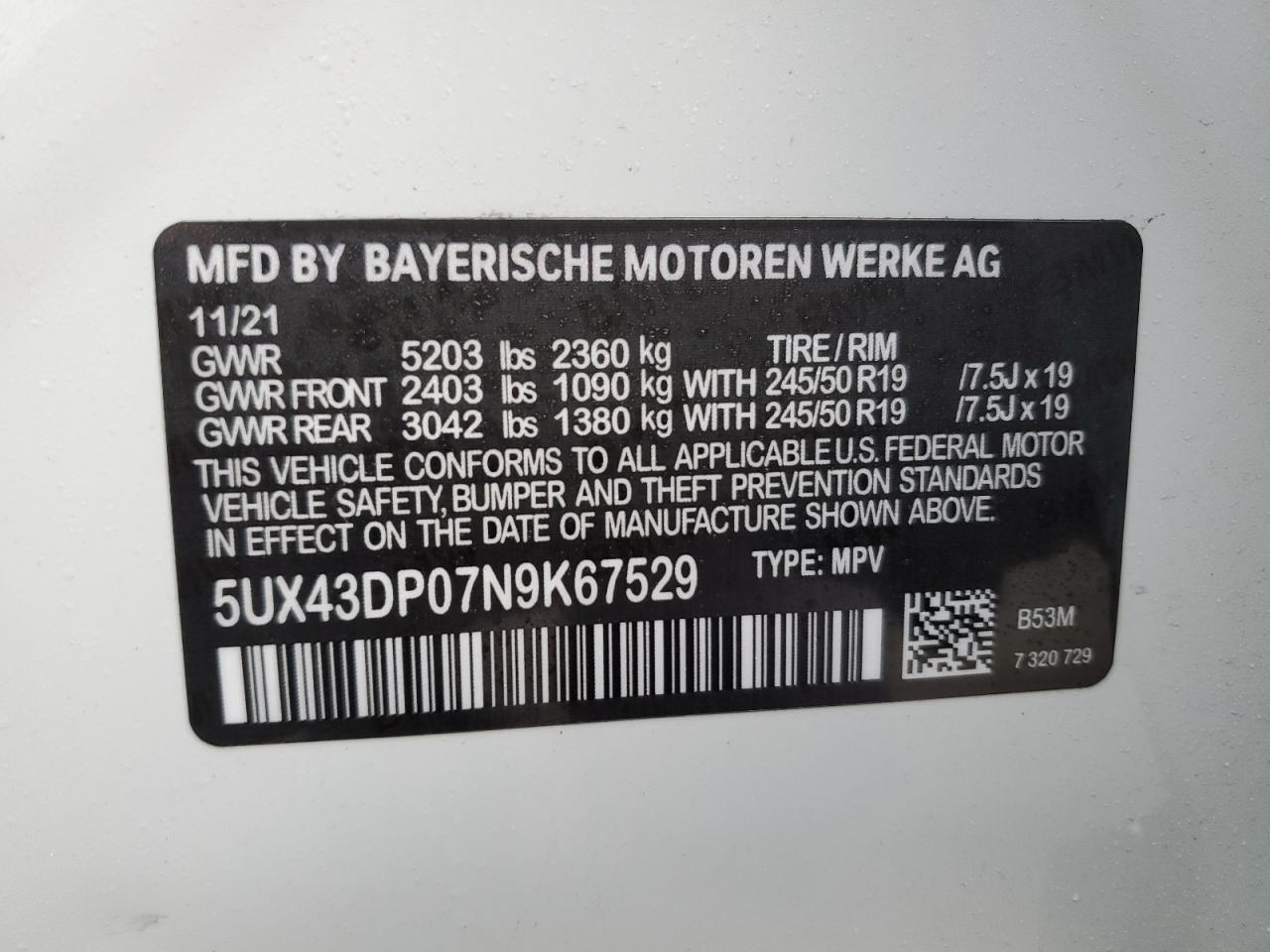 2022 BMW X3 XDRIVE30I VIN:5UX53DP02N9N42583