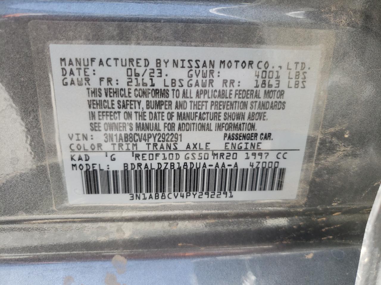 2023 NISSAN SENTRA SV VIN:3N1AB8CV4PY292291