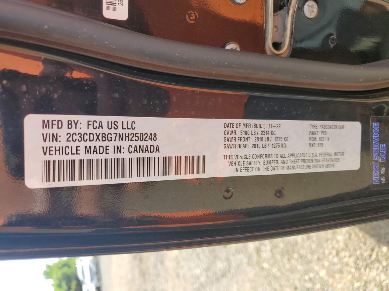 2022 DODGE CHARGER SXT VIN:2C3CDXBG7NH250248