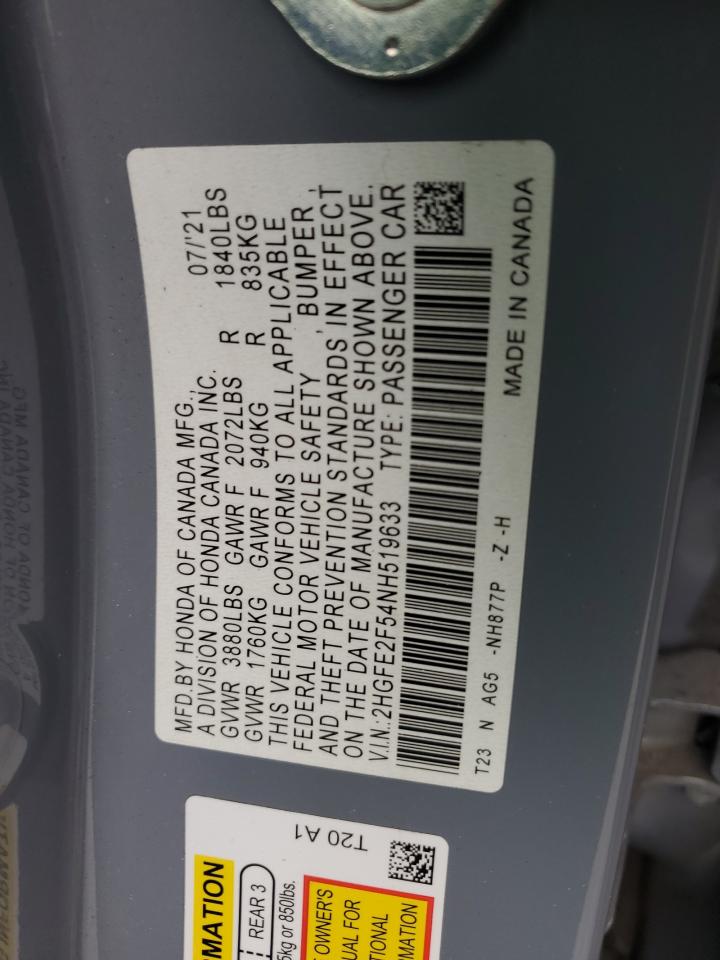 2022 HONDA CIVIC SPORT VIN:2HGFE2F54NH519633