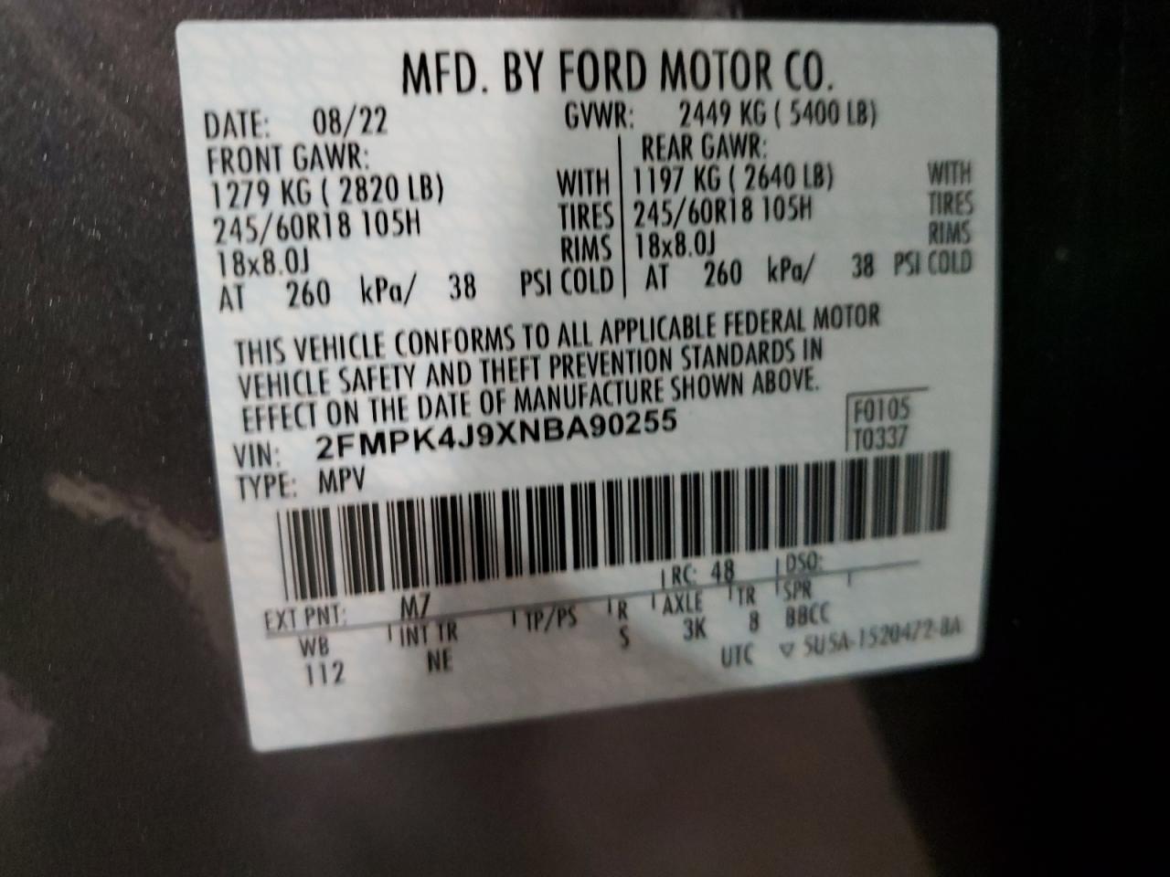 2022 FORD EDGE SEL VIN:2FMPK4J9XNBA90255