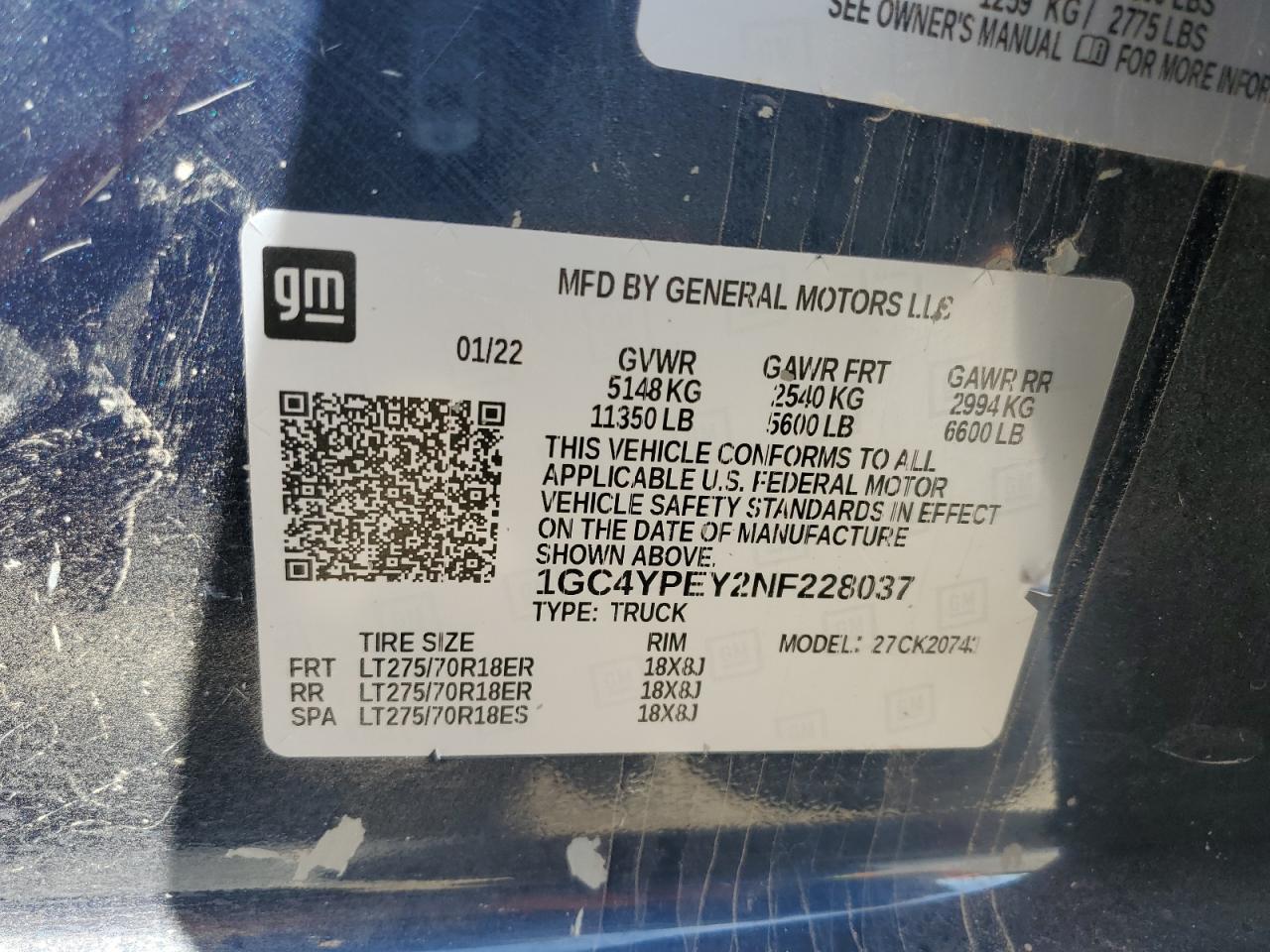 2022 CHEVROLET SILVERADO K2500 HEAVY DUTY LTZ VIN:1GC4YPEY2NF228037