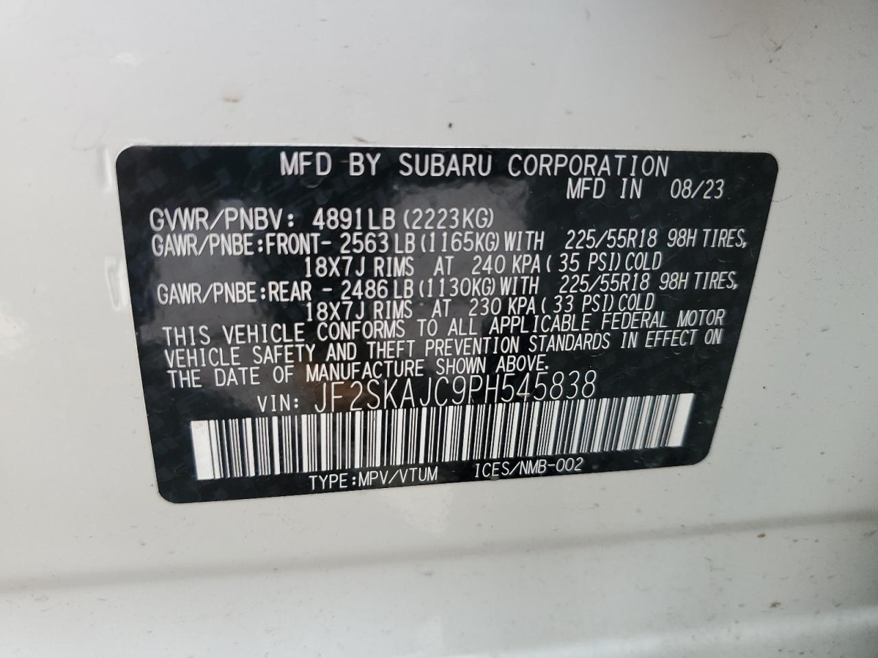 2023 SUBARU FORESTER SPORT VIN:JF2SKAJC9PH545838