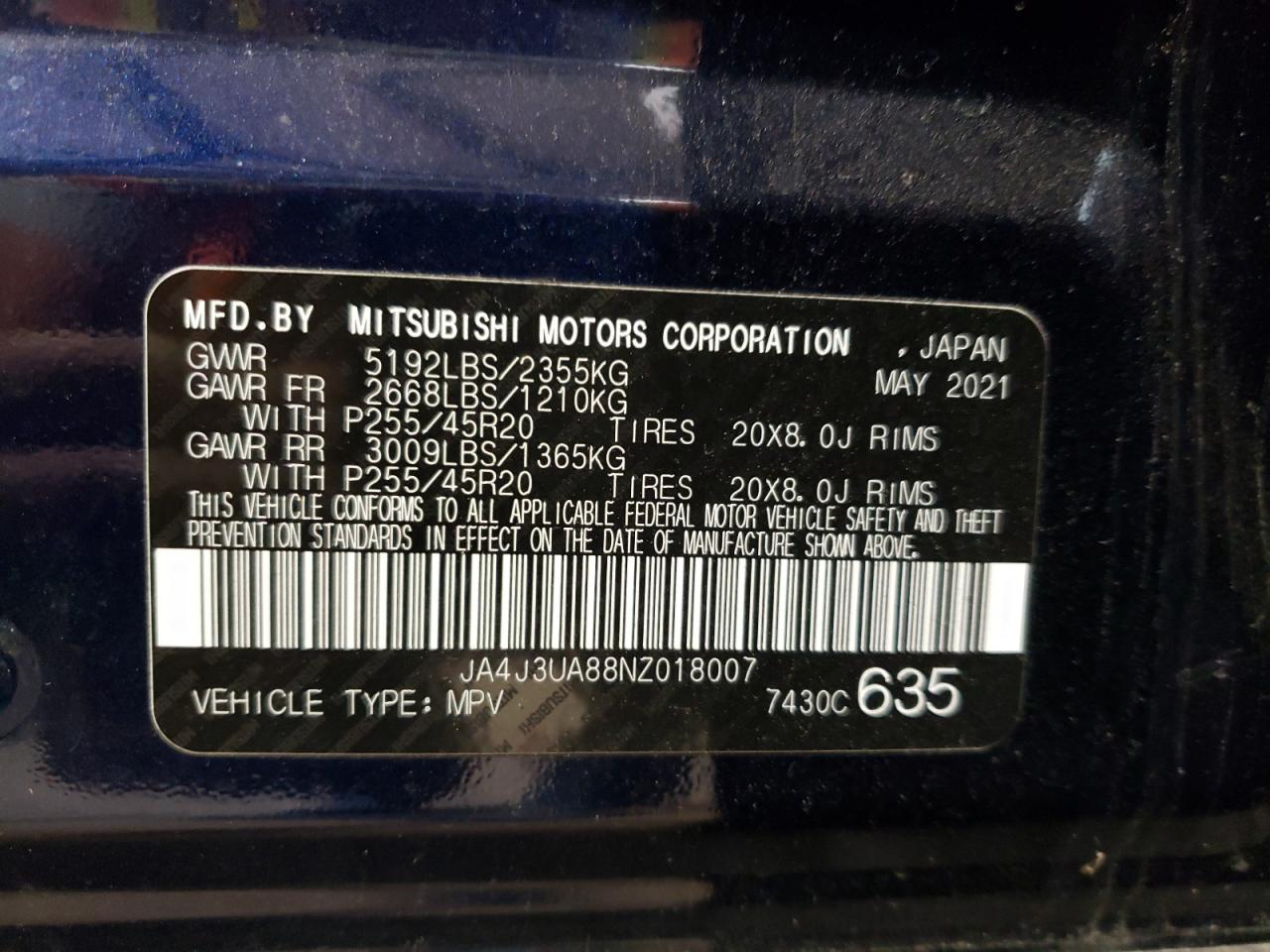 2022 MITSUBISHI OUTLANDER SE VIN:JA4J3UA88NZ018007