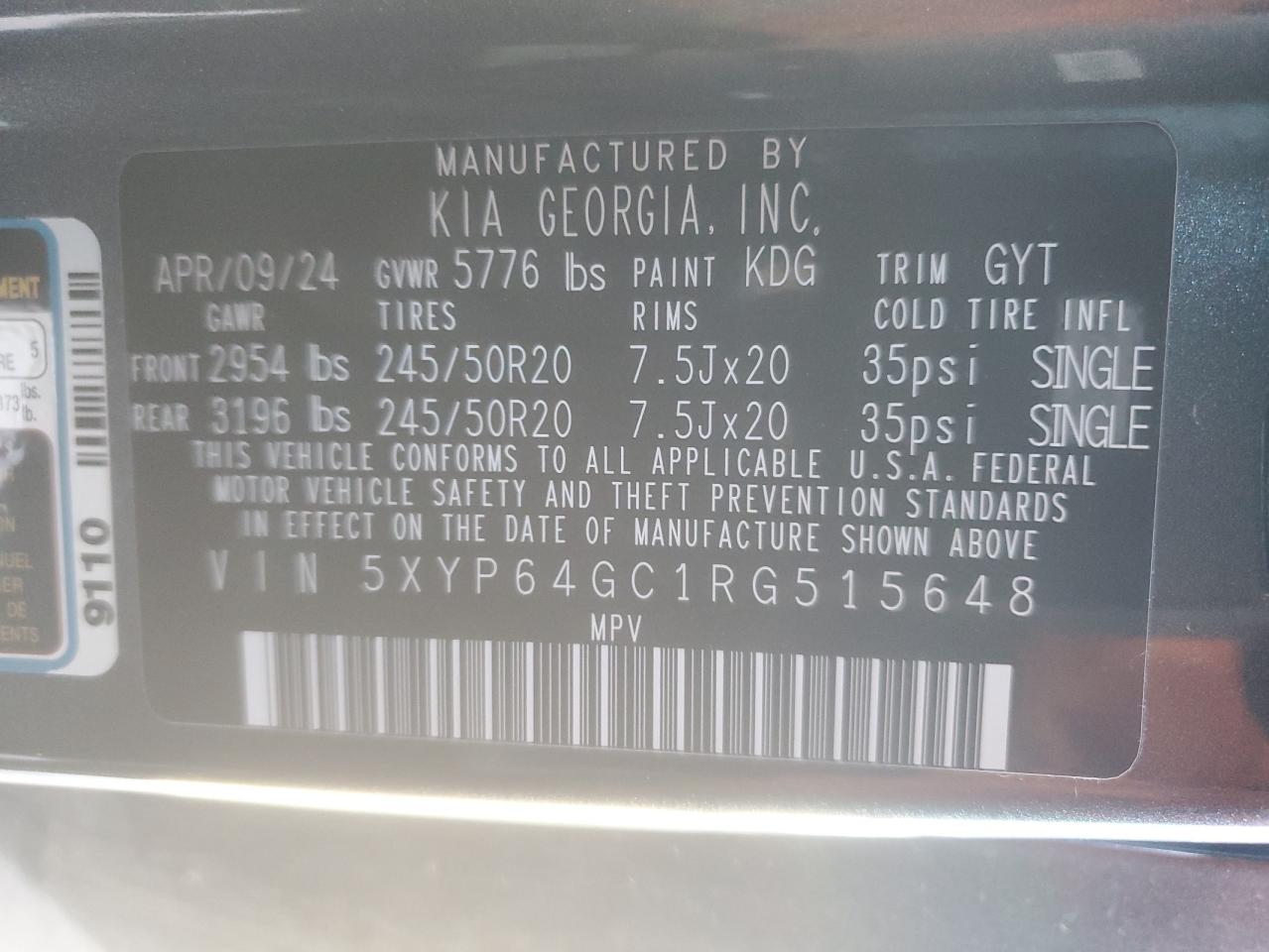 2024 KIA TELLURIDE S VIN:5XYP64GC1RG515648
