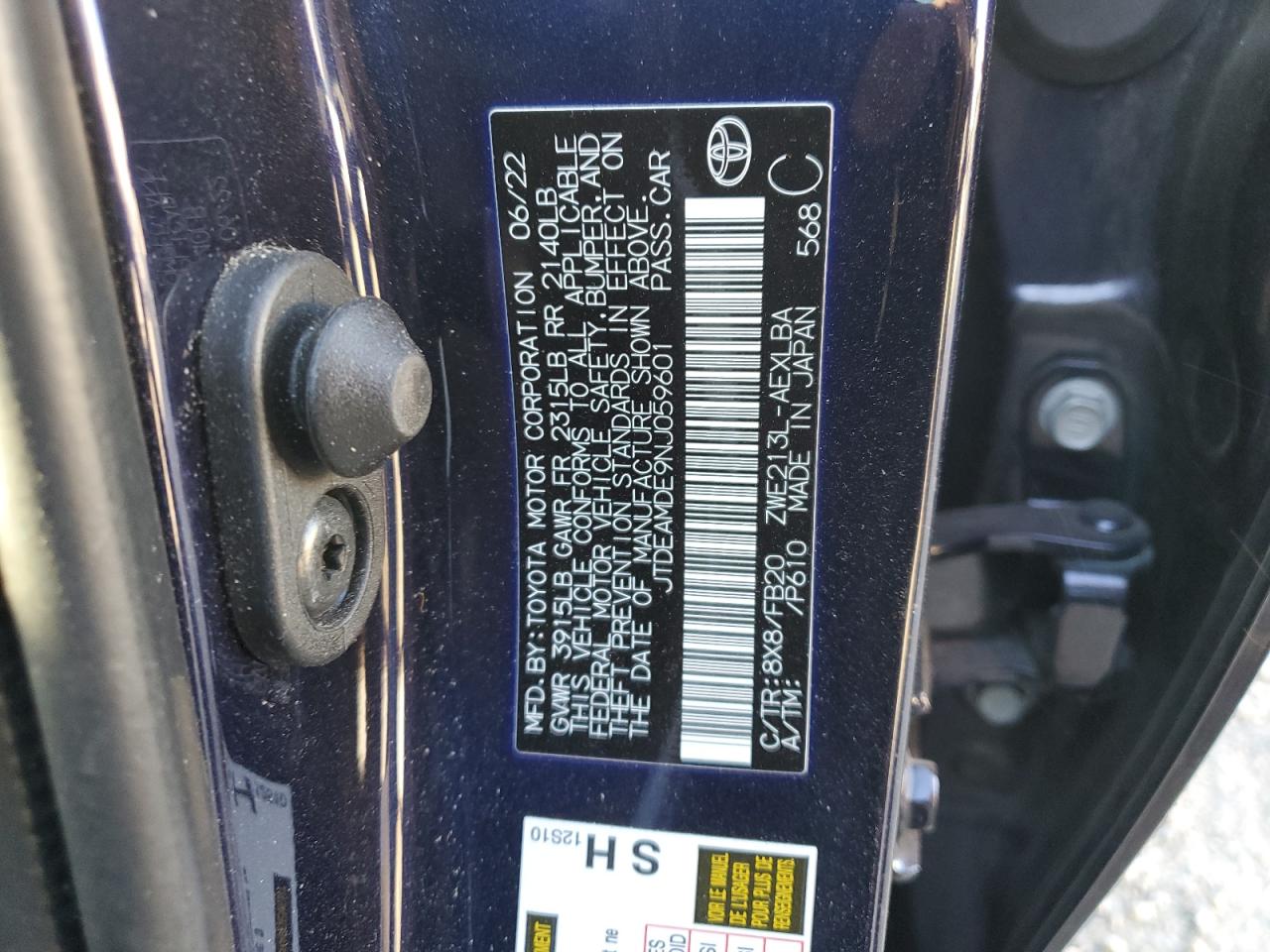 2022 TOYOTA COROLLA LE VIN:JTDEAMDE9NJ059601