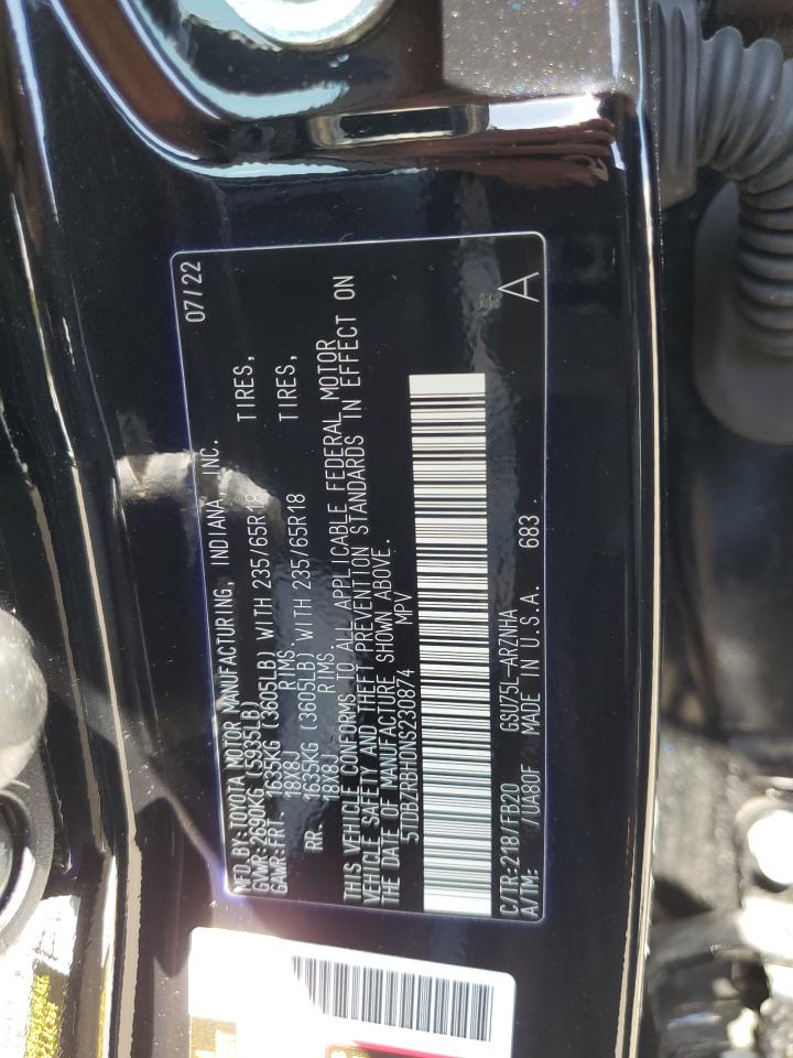 2022 TOYOTA HIGHLANDER L VIN:5TDBZRBH0NS230874