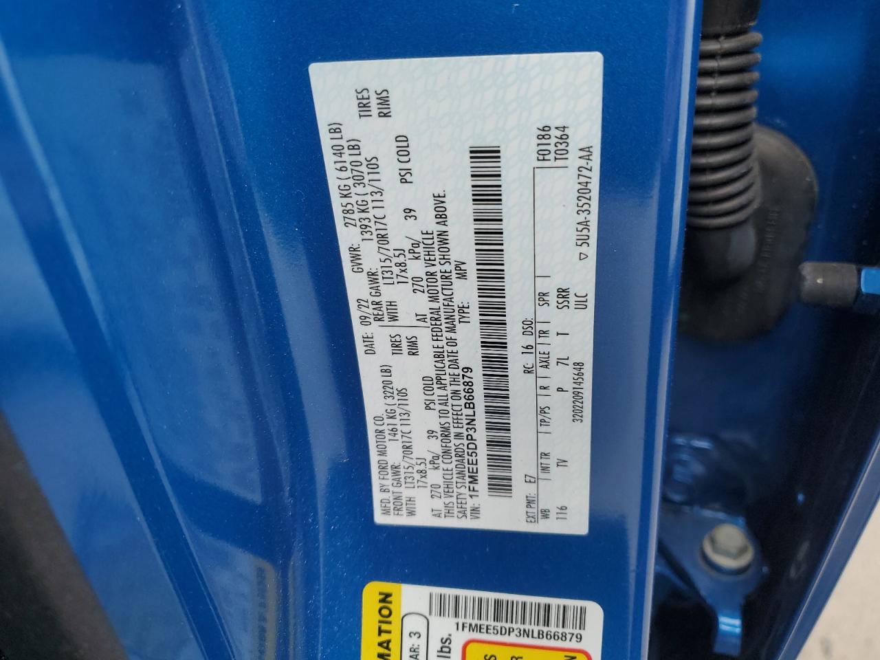 2022 FORD BRONCO BASE VIN:1FMEE5DP3NLB66879
