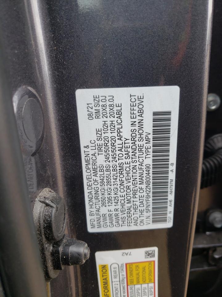 2022 HONDA PILOT SE VIN:5FNYF6H22NB004490