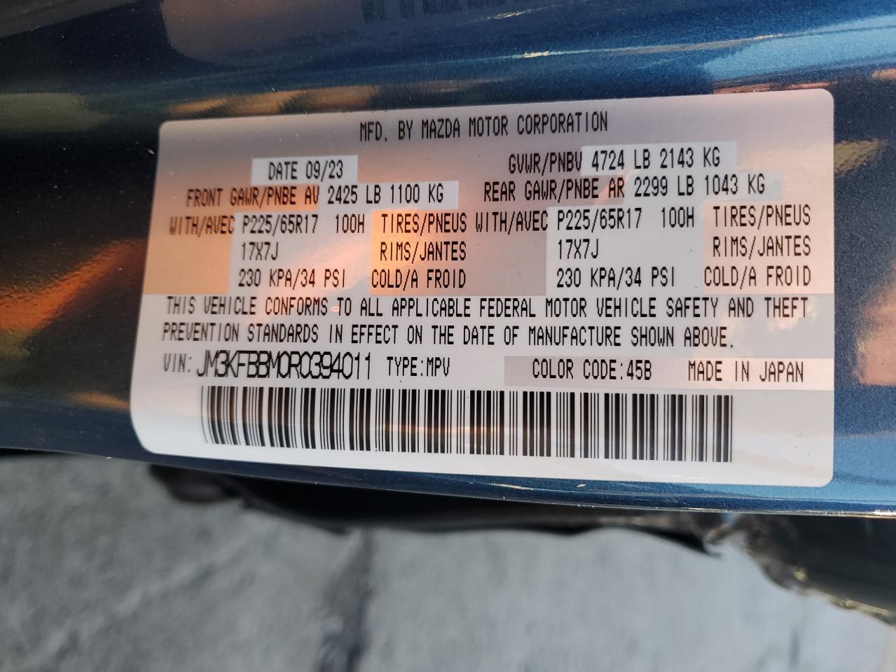 2024 MAZDA CX-5 SELECT VIN:JM3KFBBM0R0394011