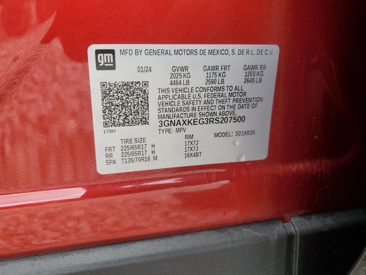 2024 CHEVROLET EQUINOX LT VIN:3GNAXKEG3RS207500