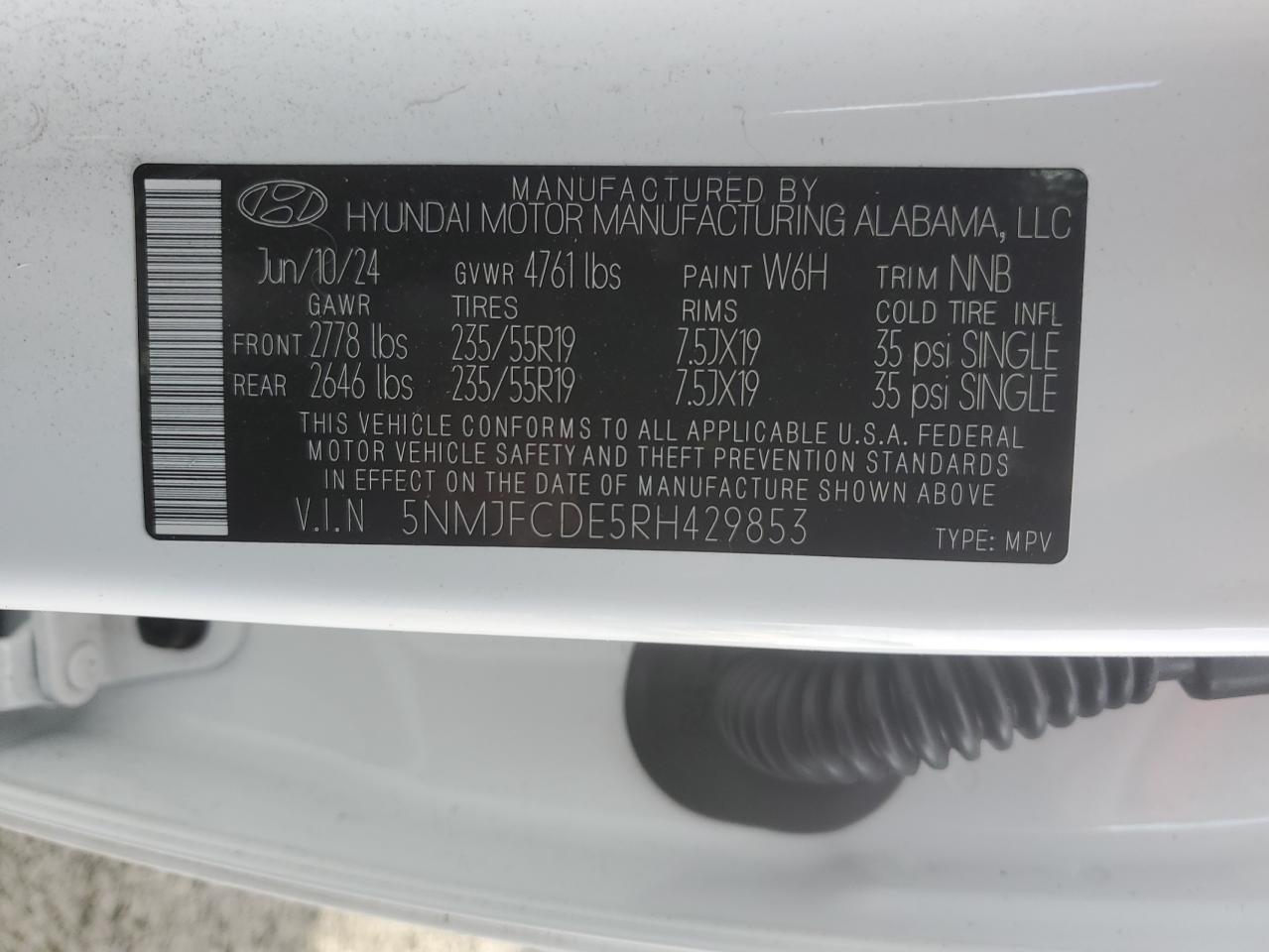2024 HYUNDAI TUCSON SEL VIN:5NMJFCDE5RH429853